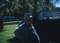 Production crewmember stands in front of the gazebo on courthouse lawn in Fort Scott, Kansas.